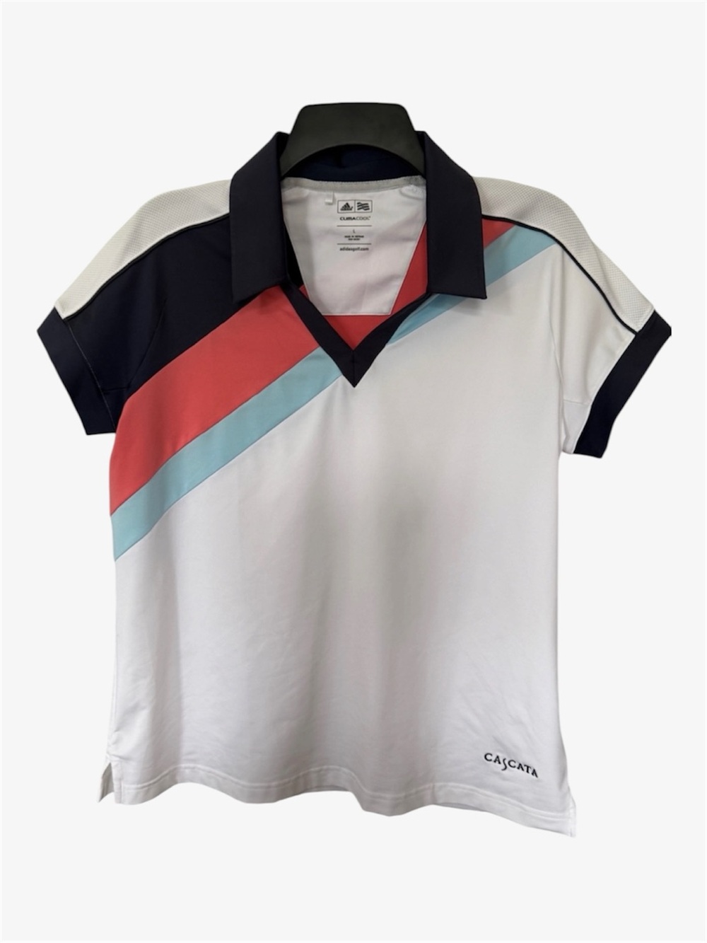 Adidas Golf Climacool Polo Shirt Size L White Pink Blue Cascata Golf Club